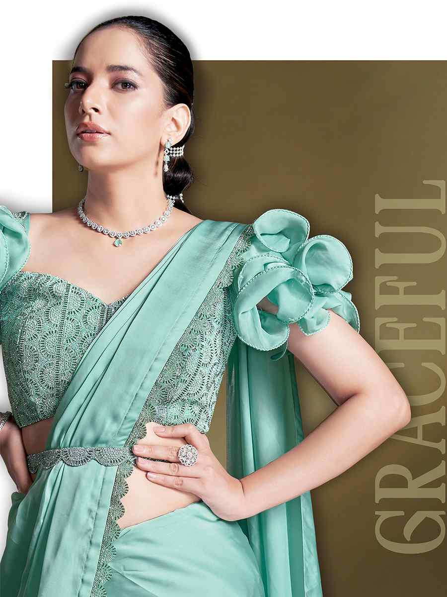 Sea Green Silk Embroidered Festival Wedding Fancy Heavy Border Saree