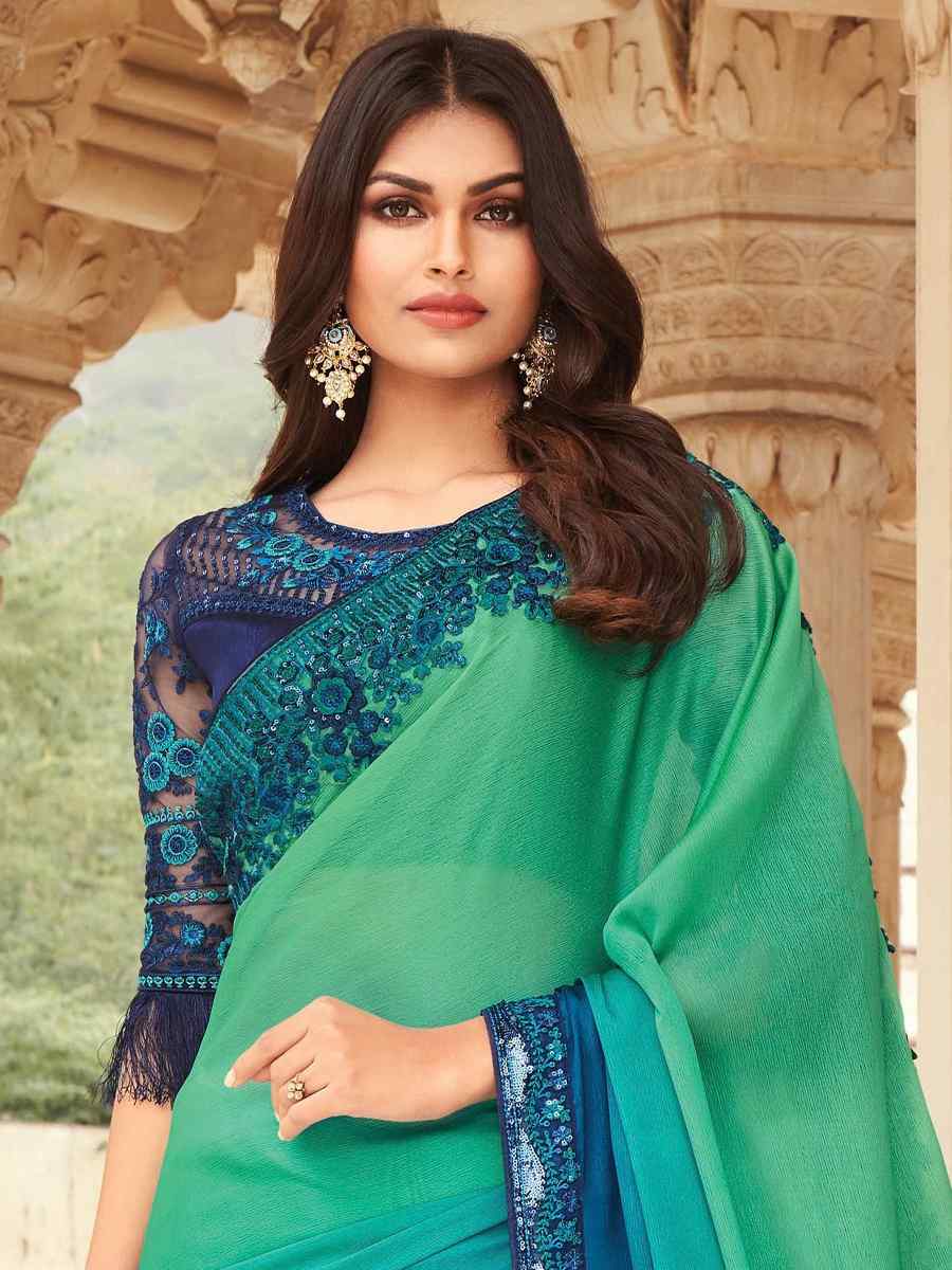 Sea Green Silk Embroidered Party Festival Classic Style Saree
