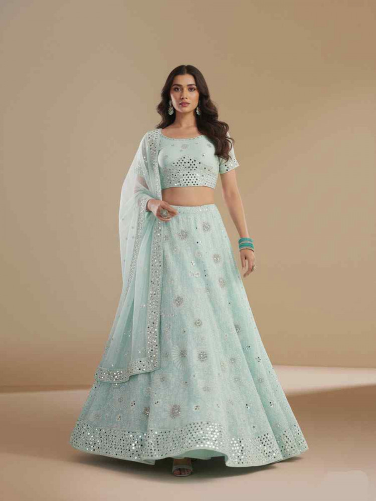 Image of Sea Green Silk Georgette Embroidered Wedding Reception Festival Heavy Border Lehenga Choli