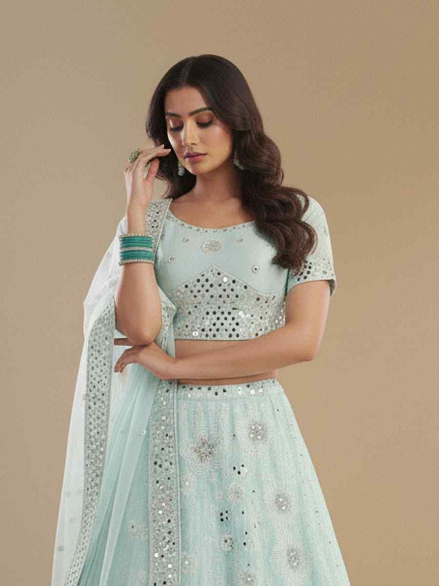 Sea Green Silk Georgette Embroidered Wedding Reception Festival Heavy Border Lehenga Choli