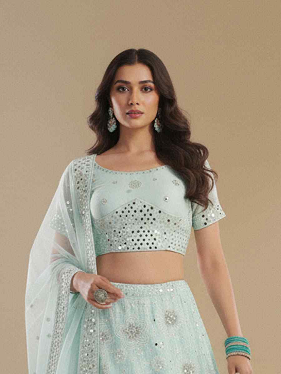 Sea Green Silk Georgette Embroidered Wedding Reception Festival Heavy Border Lehenga Choli