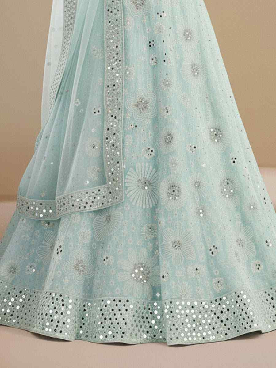 Sea Green Silk Georgette Embroidered Wedding Reception Festival Heavy Border Lehenga Choli