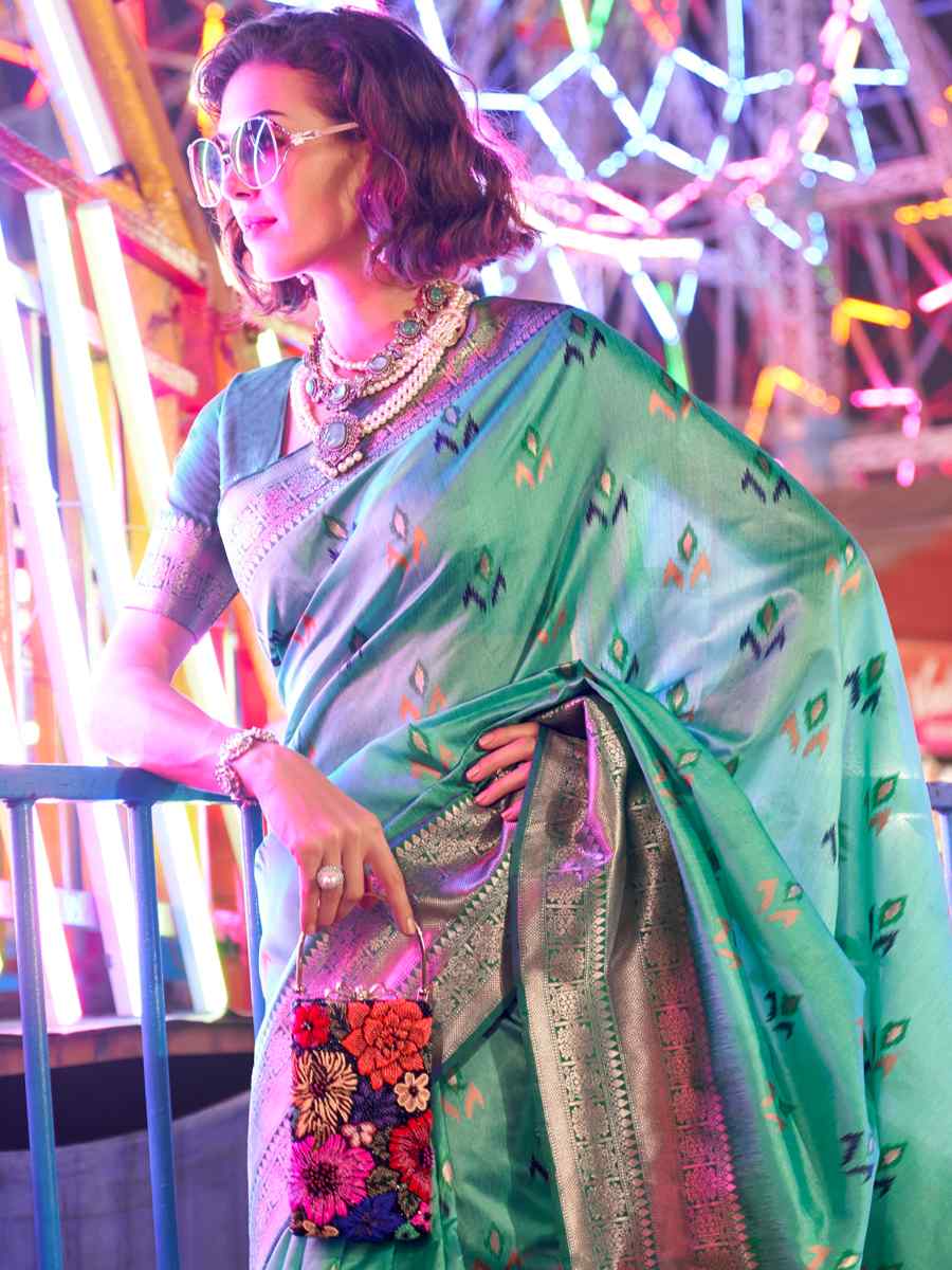 Sea Green Silk Handwoven Wedding Festival Heavy Border Saree