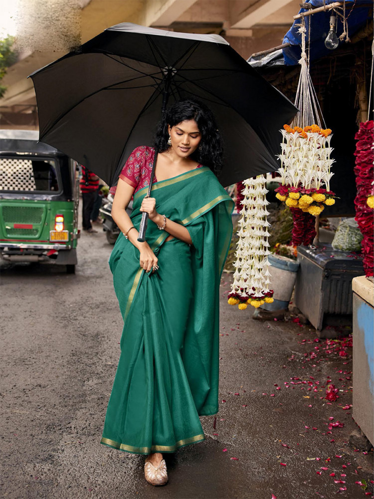 Image of Sea Green Silk Plain Casual Party Festival Wedding Fancy Classic Style Sarees