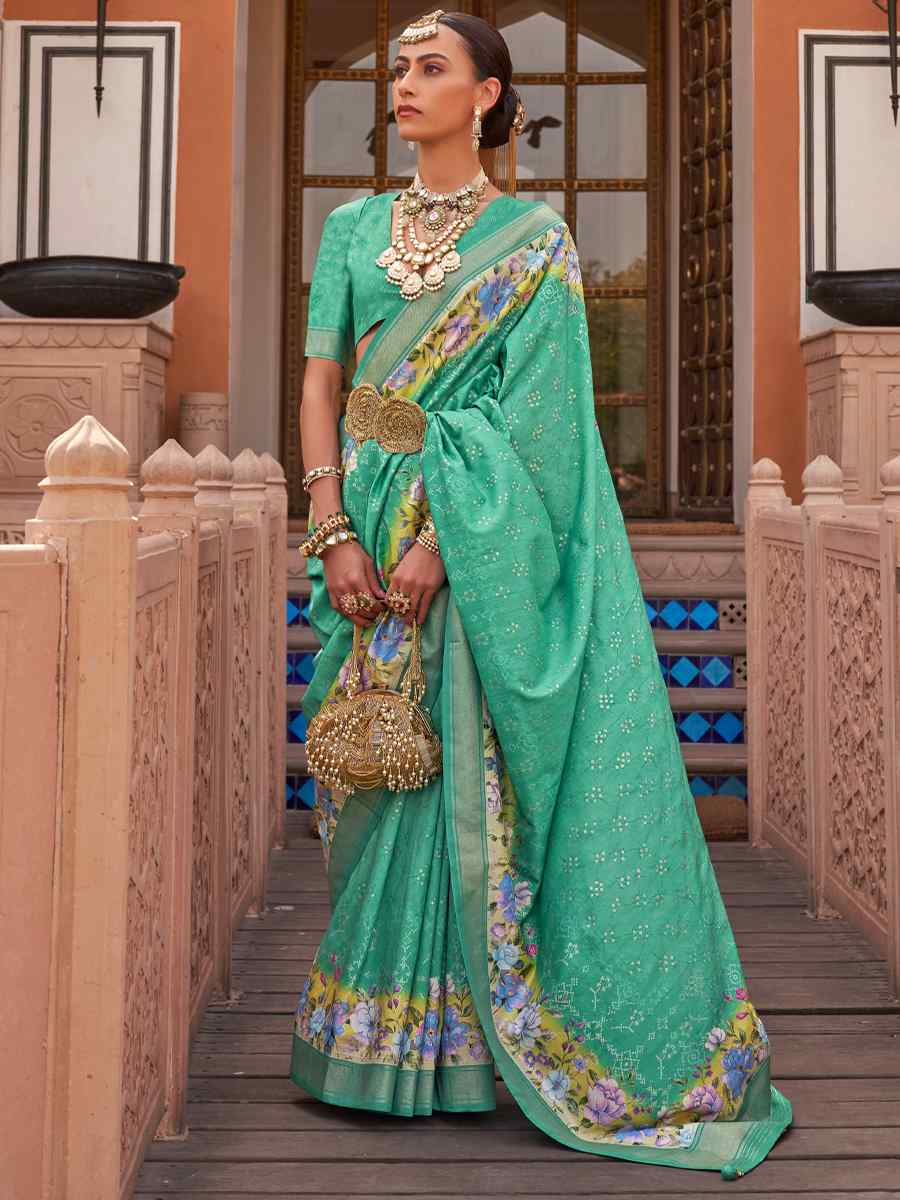 Sea Green Silk Printed Casual Festival Classic Style Saree