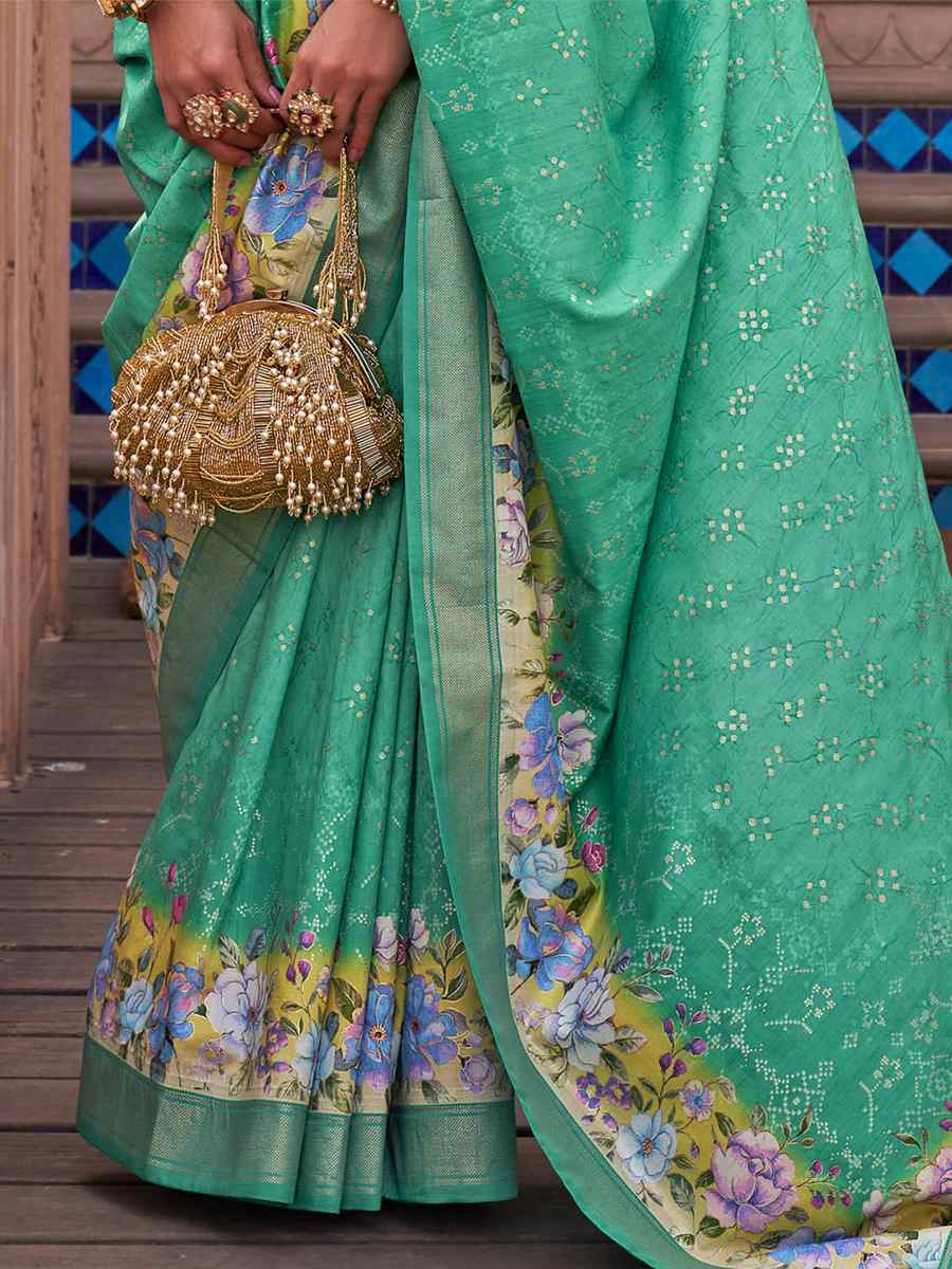 Sea Green Silk Printed Casual Festival Classic Style Saree