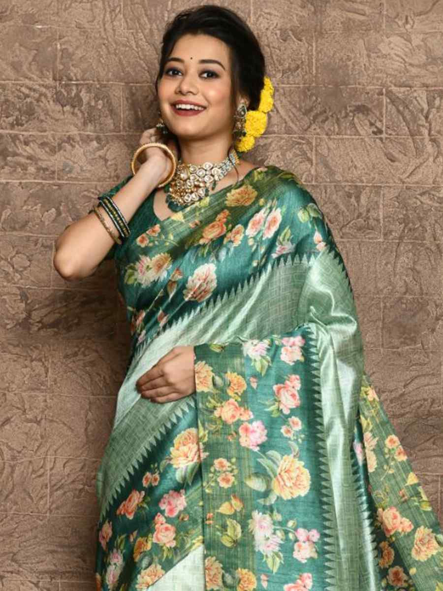 Sea Green Silk Printed Casual Festival Contemporary Saree