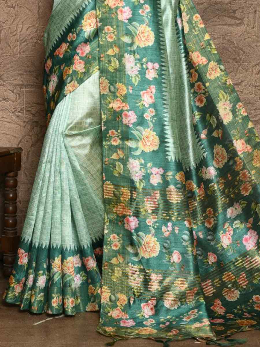 Sea Green Silk Printed Casual Festival Contemporary Saree