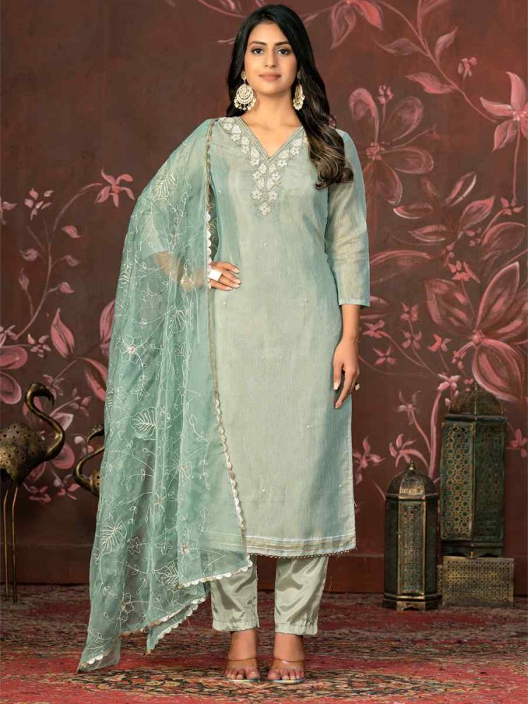 Sea Green Simmar Cotton Embroidered Casual Festival Pant Salwar Kameez