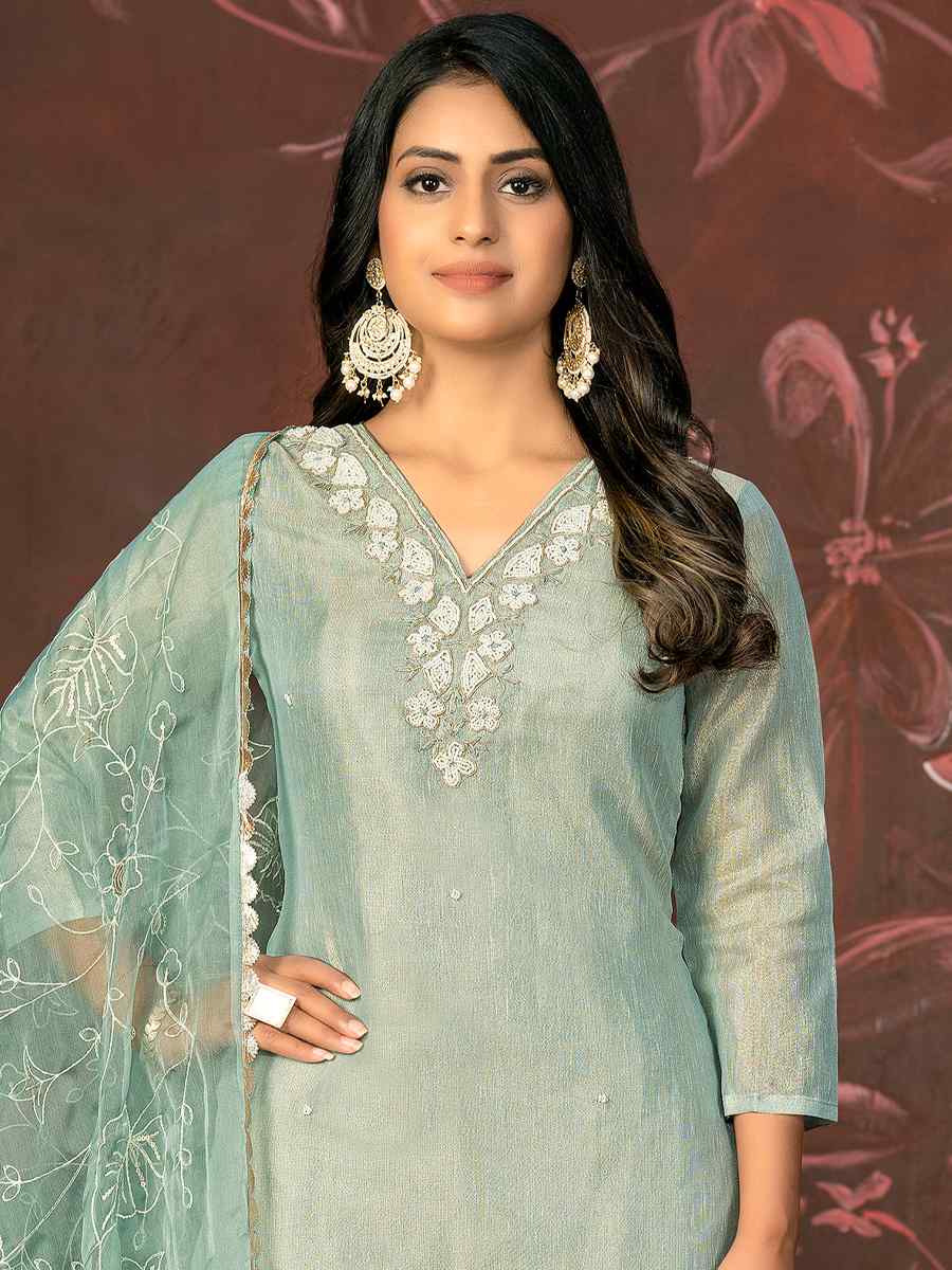 Sea Green Simmar Cotton Embroidered Casual Festival Pant Salwar Kameez