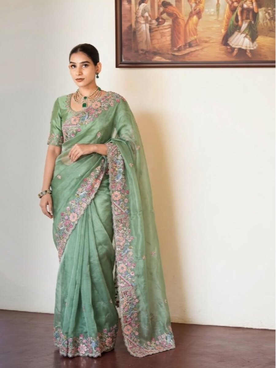 Sea Green Slub Silk Embroidery With Cutwork Work Wedding Party Festival Casual Heavy Border Sarees
