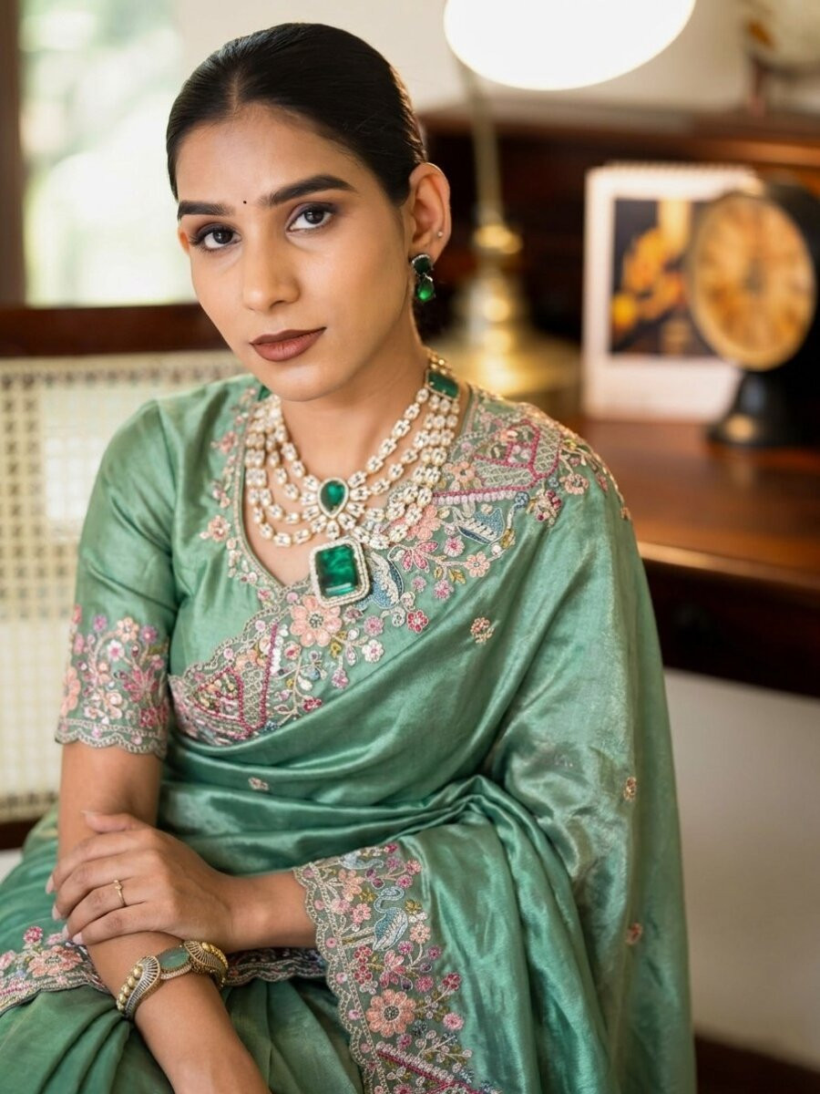Sea Green Slub Silk Embroidery With Cutwork Work Wedding Party Festival Casual Heavy Border Sarees
