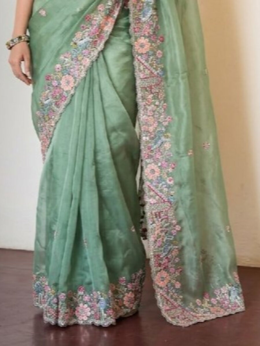 Sea Green Slub Silk Embroidery With Cutwork Work Wedding Party Festival Casual Heavy Border Sarees