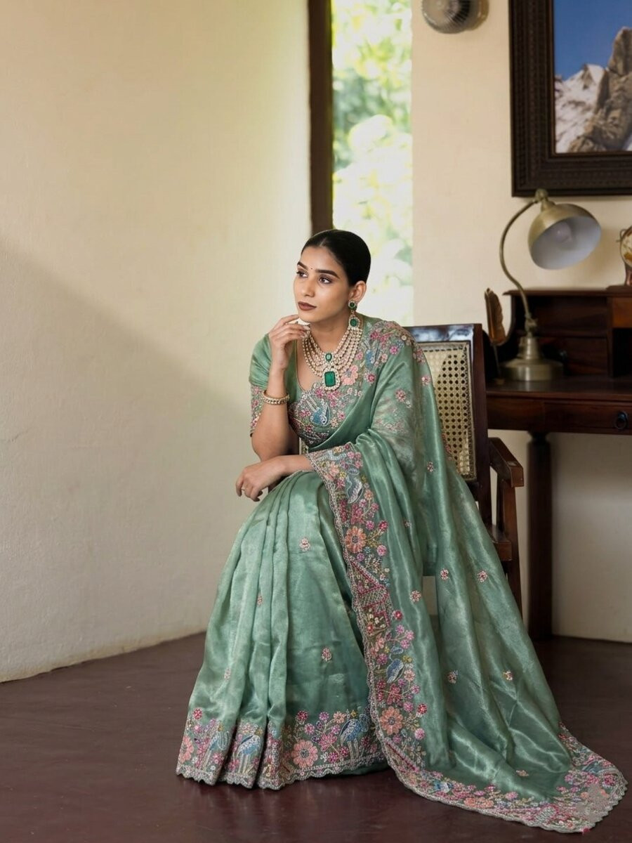 Sea Green Slub Silk Embroidery With Cutwork Work Wedding Party Festival Casual Heavy Border Sarees