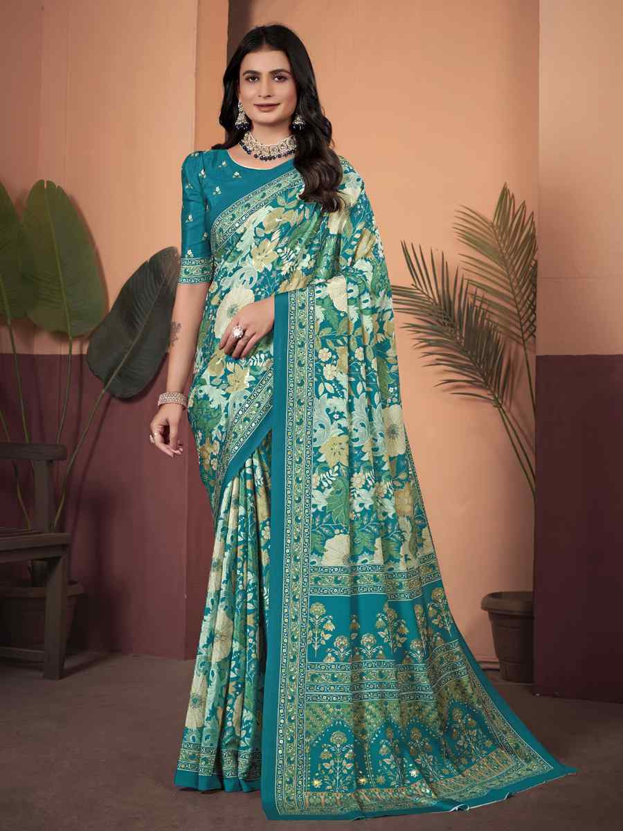 Sea Green Soft Crepe Silk Printed Festival Wedding Heavy Border Saree