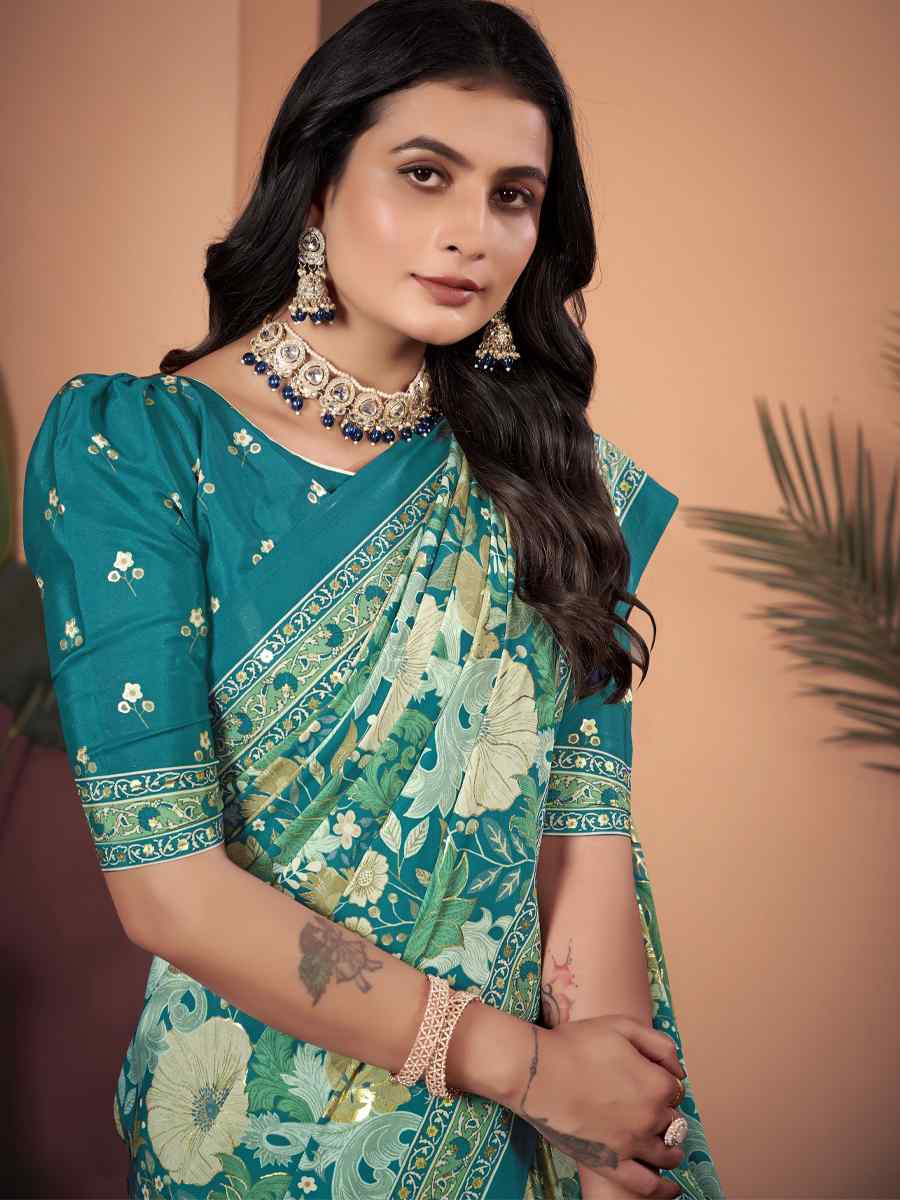 Sea Green Soft Crepe Silk Printed Festival Wedding Heavy Border Saree