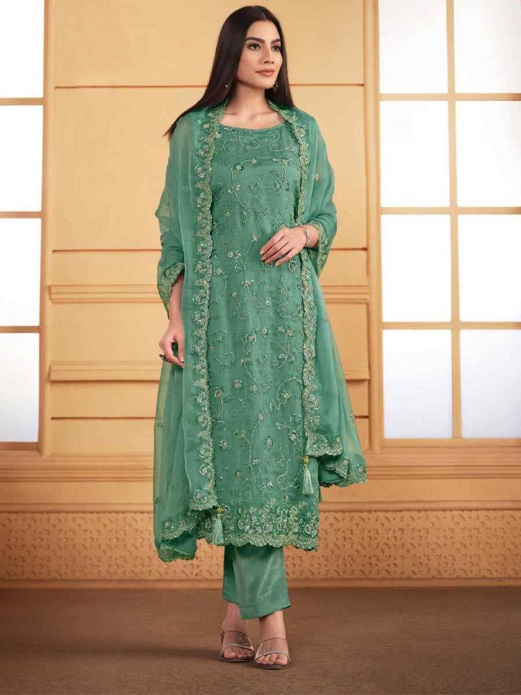 Sea Green Soft Organza Embroidered Festival Wedding Pant Salwar Kameez