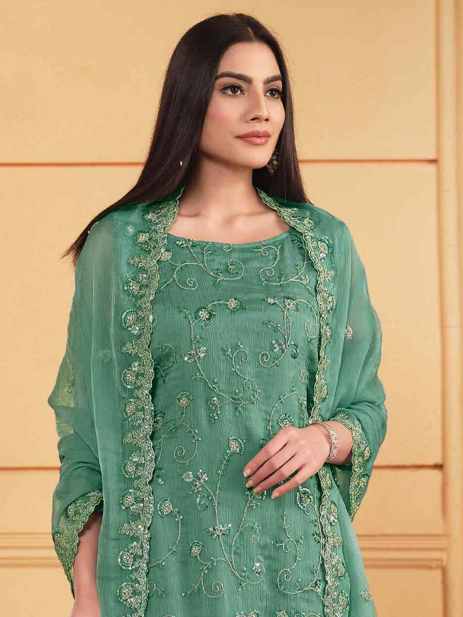 Sea Green Soft Organza Embroidered Festival Wedding Pant Salwar Kameez