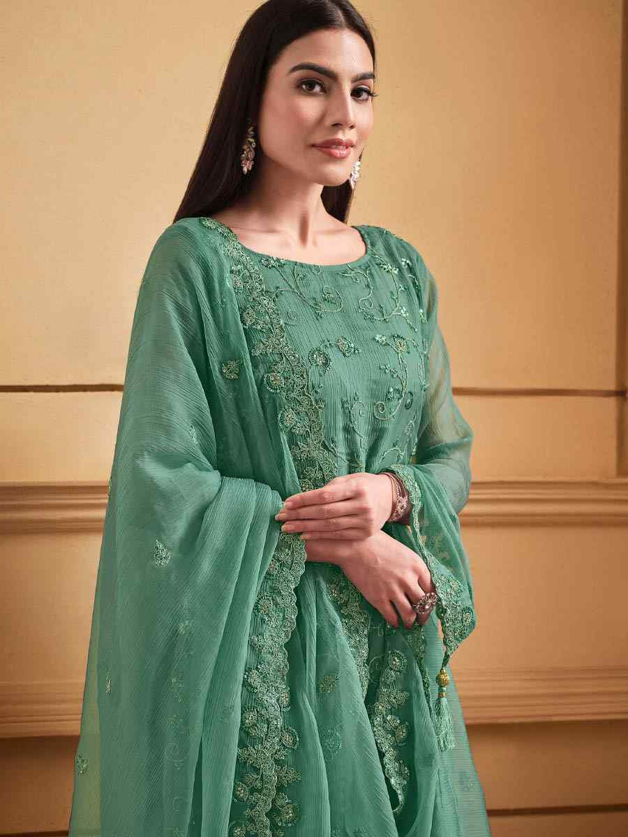Sea Green Soft Organza Embroidered Festival Wedding Pant Salwar Kameez