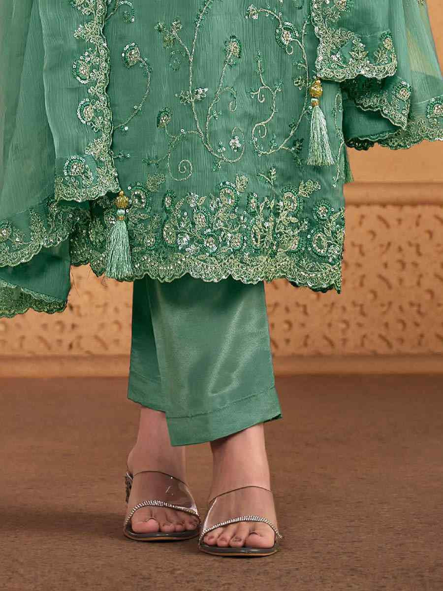Sea Green Soft Organza Embroidered Festival Wedding Pant Salwar Kameez