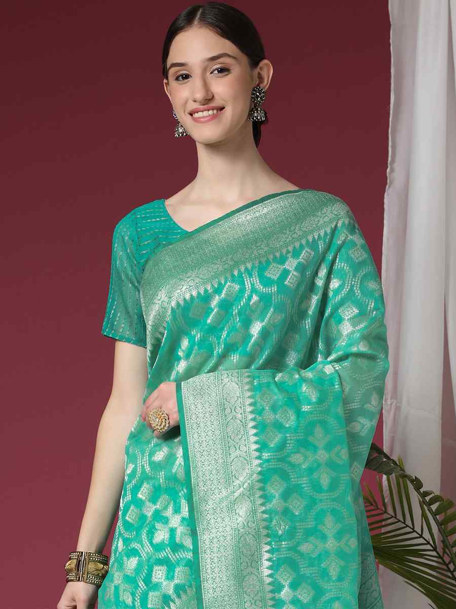 Sea Green Soft Organza Silk Handwoven Wedding Festival Heavy Border Saree