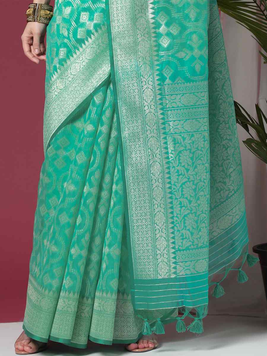Sea Green Soft Organza Silk Handwoven Wedding Festival Heavy Border Saree