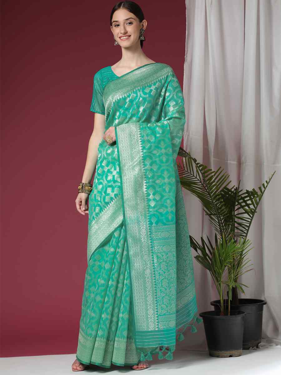 Sea Green Soft Organza Silk Handwoven Wedding Festival Heavy Border Saree