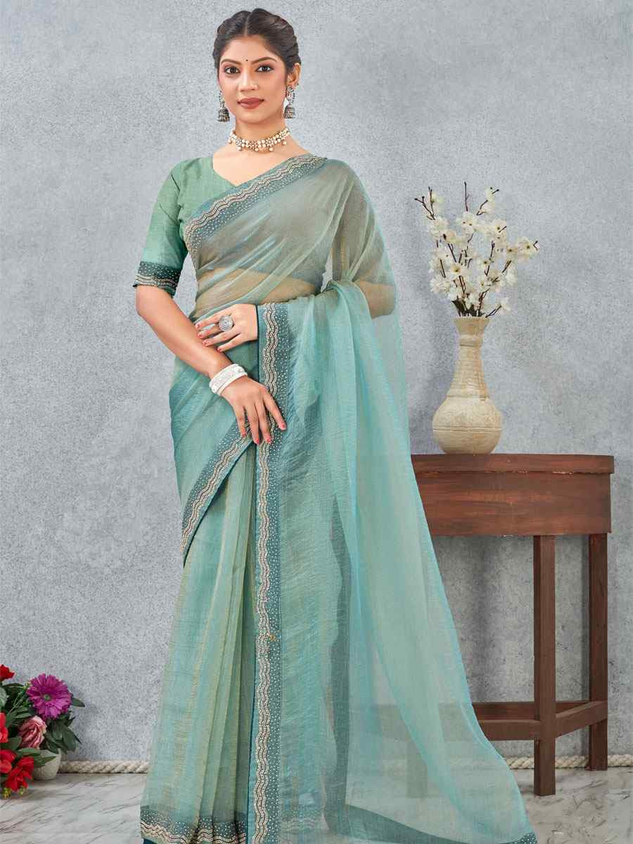 Sea Green Soft Silk Zircon Stone Embroidery Festival Wedding Fancy Classic Heavy Border Saree