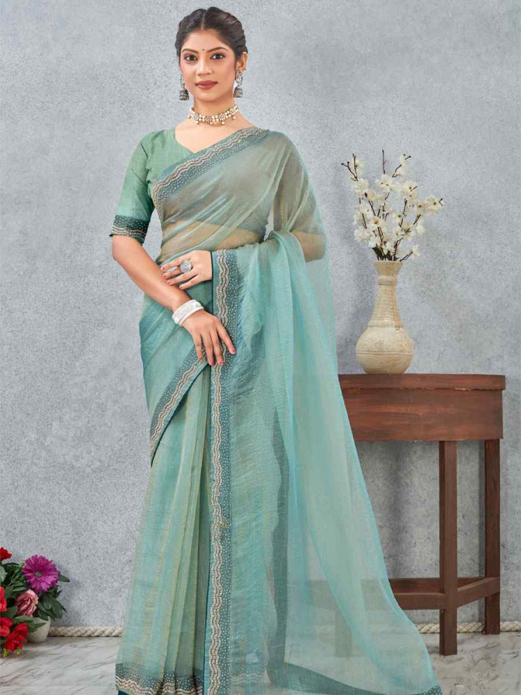 Image of Sea Green Soft Silk Zircon Stone Embroidery Festival Wedding Fancy Classic Heavy Border Saree