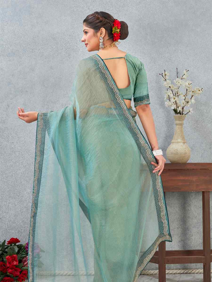 Sea Green Soft Silk Zircon Stone Embroidery Festival Wedding Fancy Classic Heavy Border Saree