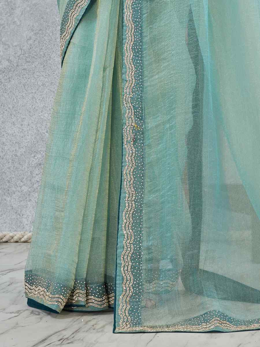 Sea Green Soft Silk Zircon Stone Embroidery Festival Wedding Fancy Classic Heavy Border Saree