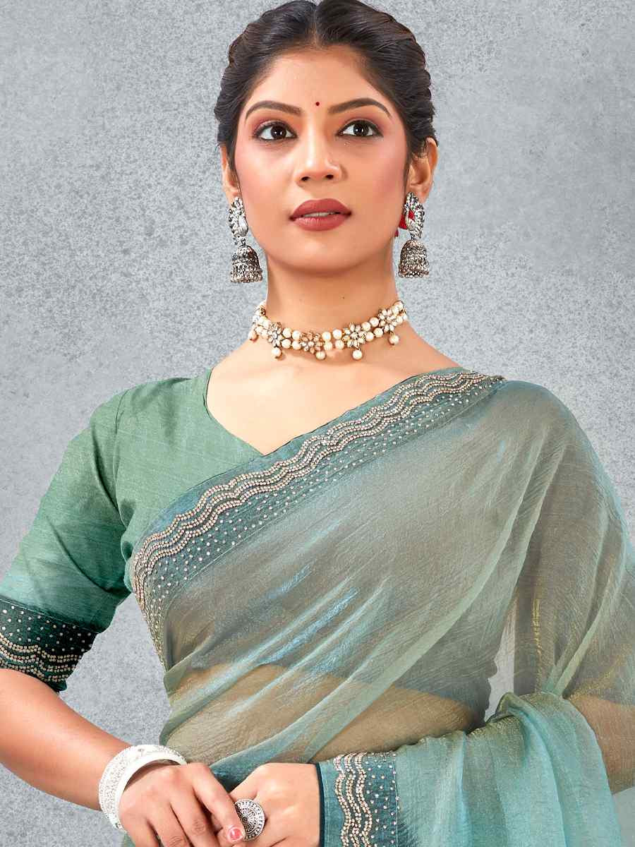 Sea Green Soft Silk Zircon Stone Embroidery Festival Wedding Fancy Classic Heavy Border Saree