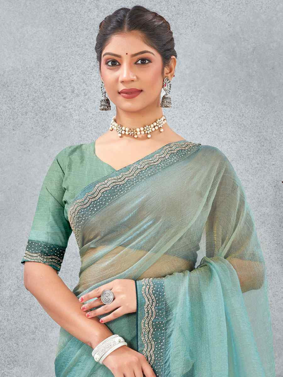 Sea Green Soft Silk Zircon Stone Embroidery Festival Wedding Fancy Classic Heavy Border Saree