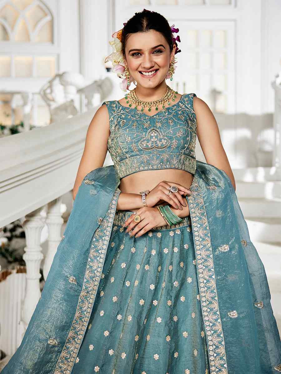 Sea Green Tissue Embroidered Festival Reception Wedding Party Wear Heavy Border Lehenga Choli