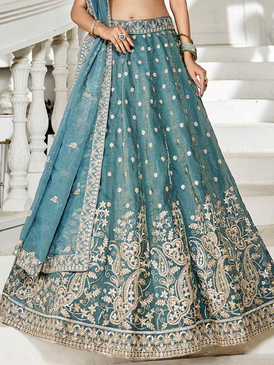 Sea Green Tissue Embroidered Festival Reception Wedding Party Wear Heavy Border Lehenga Choli