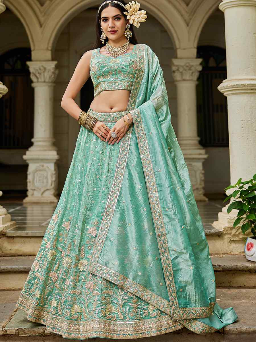 Sea Green Tissue Embroidered Festival Reception Wedding Party Wear Heavy Border Lehenga Choli