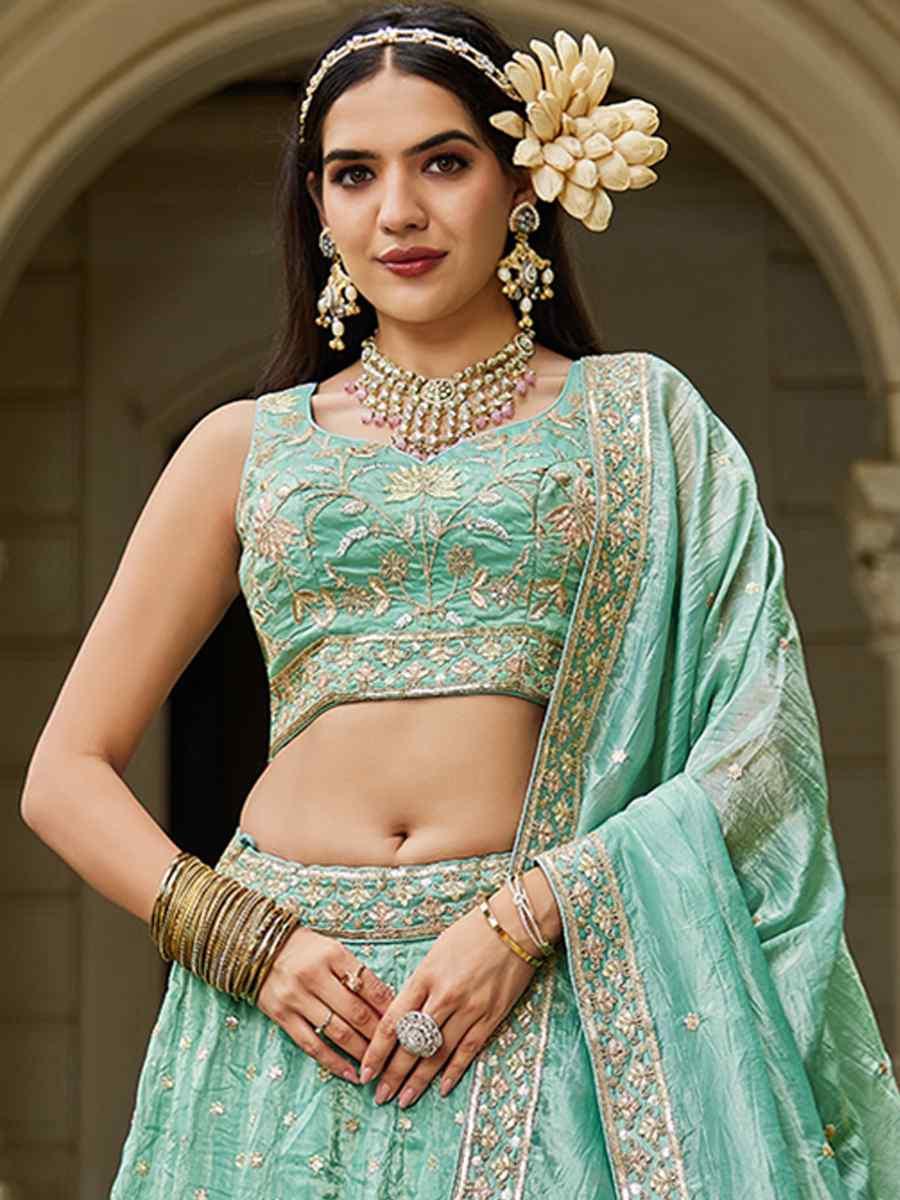 Sea Green Tissue Embroidered Festival Reception Wedding Party Wear Heavy Border Lehenga Choli