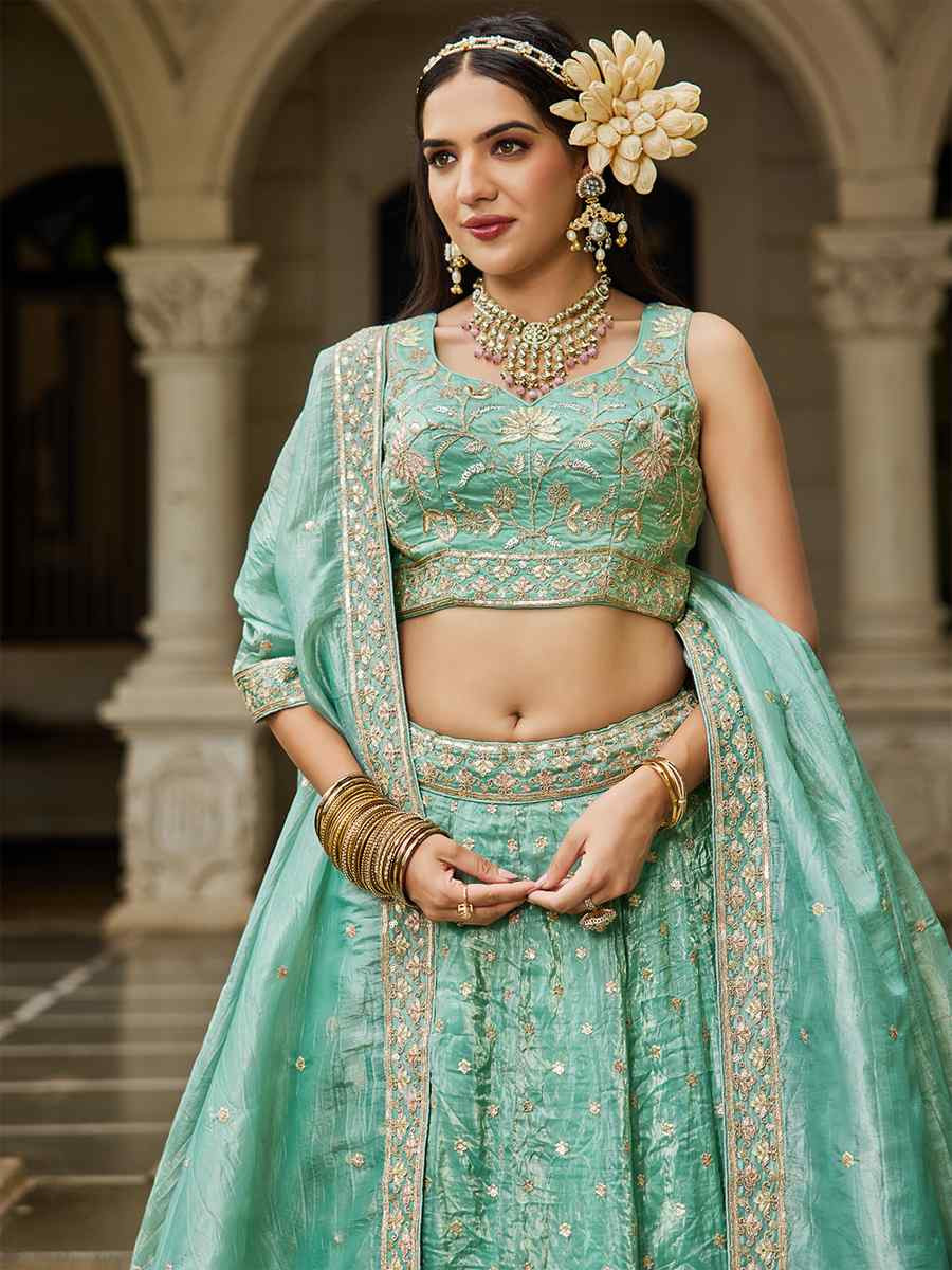 Sea Green Tissue Embroidered Festival Reception Wedding Party Wear Heavy Border Lehenga Choli