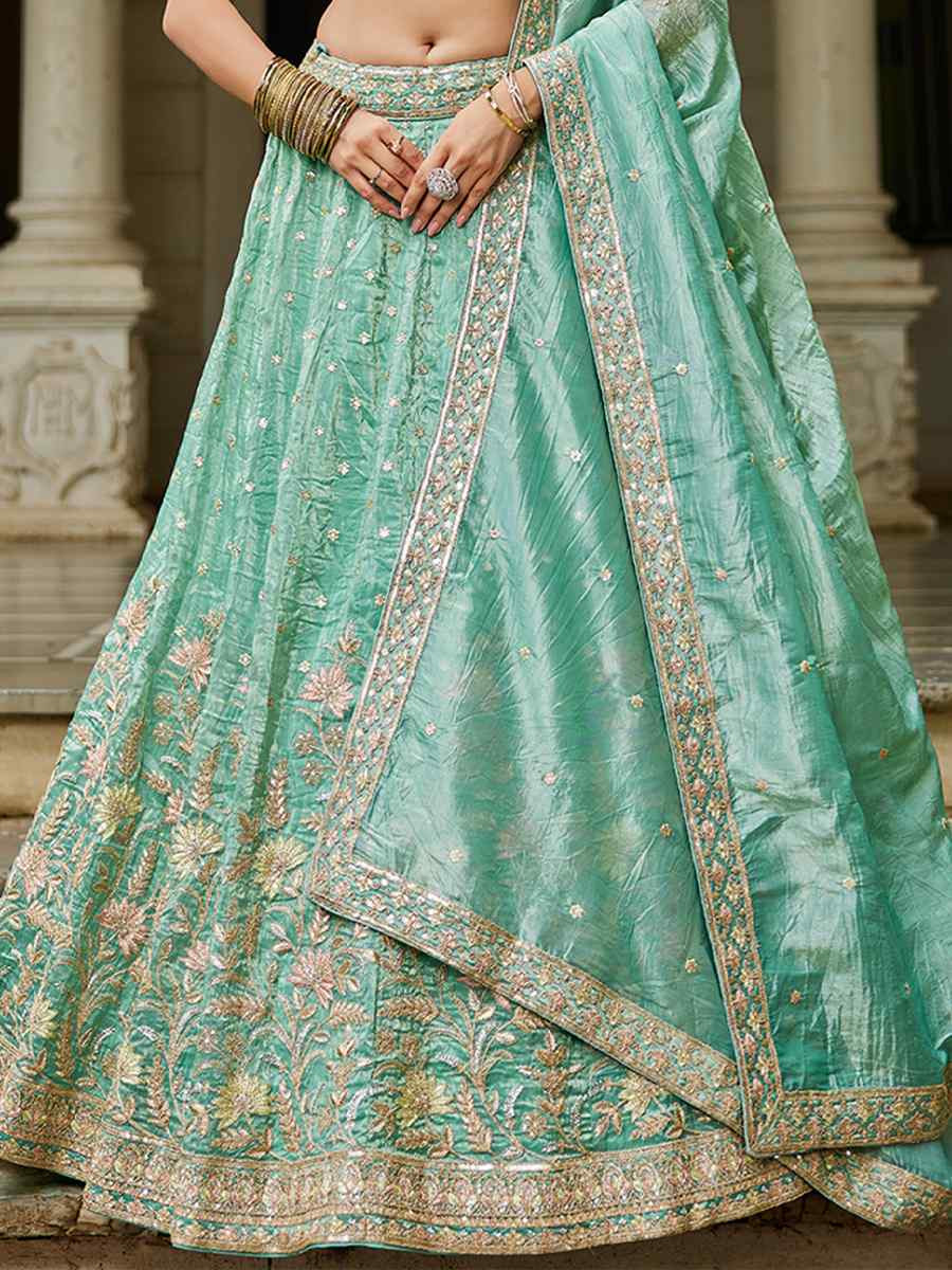 Sea Green Tissue Embroidered Festival Reception Wedding Party Wear Heavy Border Lehenga Choli