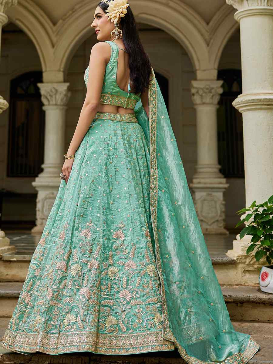 Sea Green Tissue Embroidered Festival Reception Wedding Party Wear Heavy Border Lehenga Choli