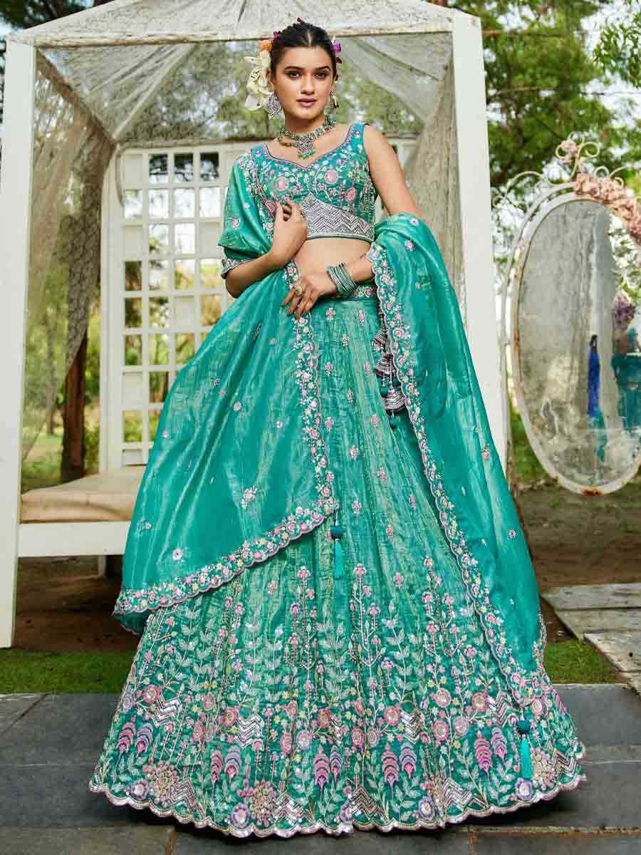 Sea Green Tissue Embroidered Reception Wedding Heavy Border Lehenga Choli