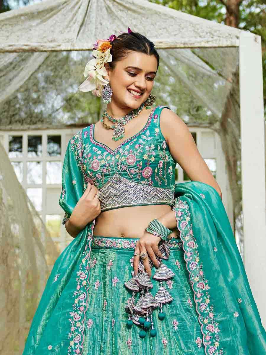Sea Green Tissue Embroidered Reception Wedding Heavy Border Lehenga Choli