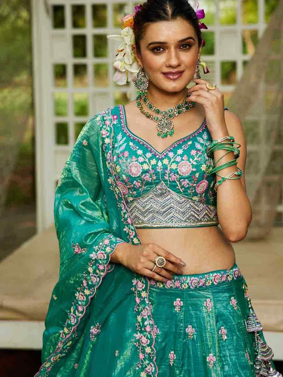 Sea Green Tissue Embroidered Reception Wedding Heavy Border Lehenga Choli