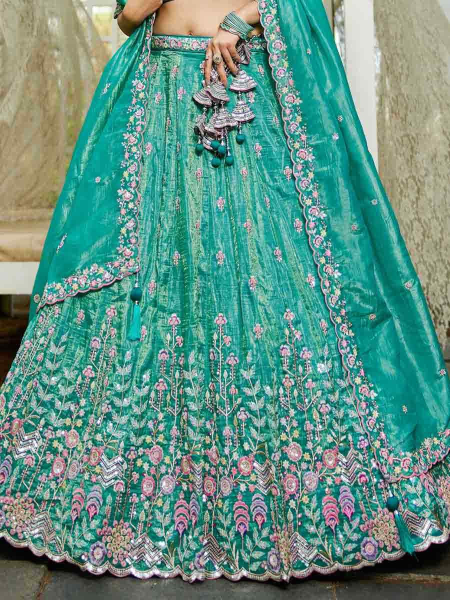 Sea Green Tissue Embroidered Reception Wedding Heavy Border Lehenga Choli