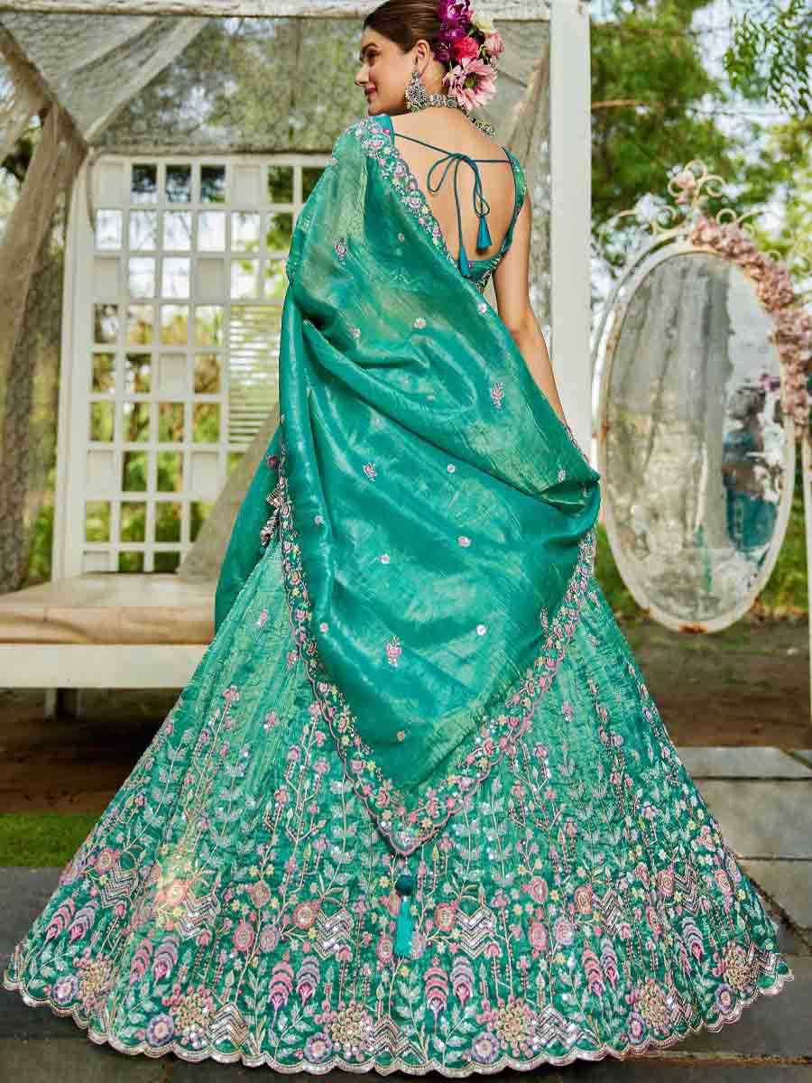 Sea Green Tissue Embroidered Reception Wedding Heavy Border Lehenga Choli