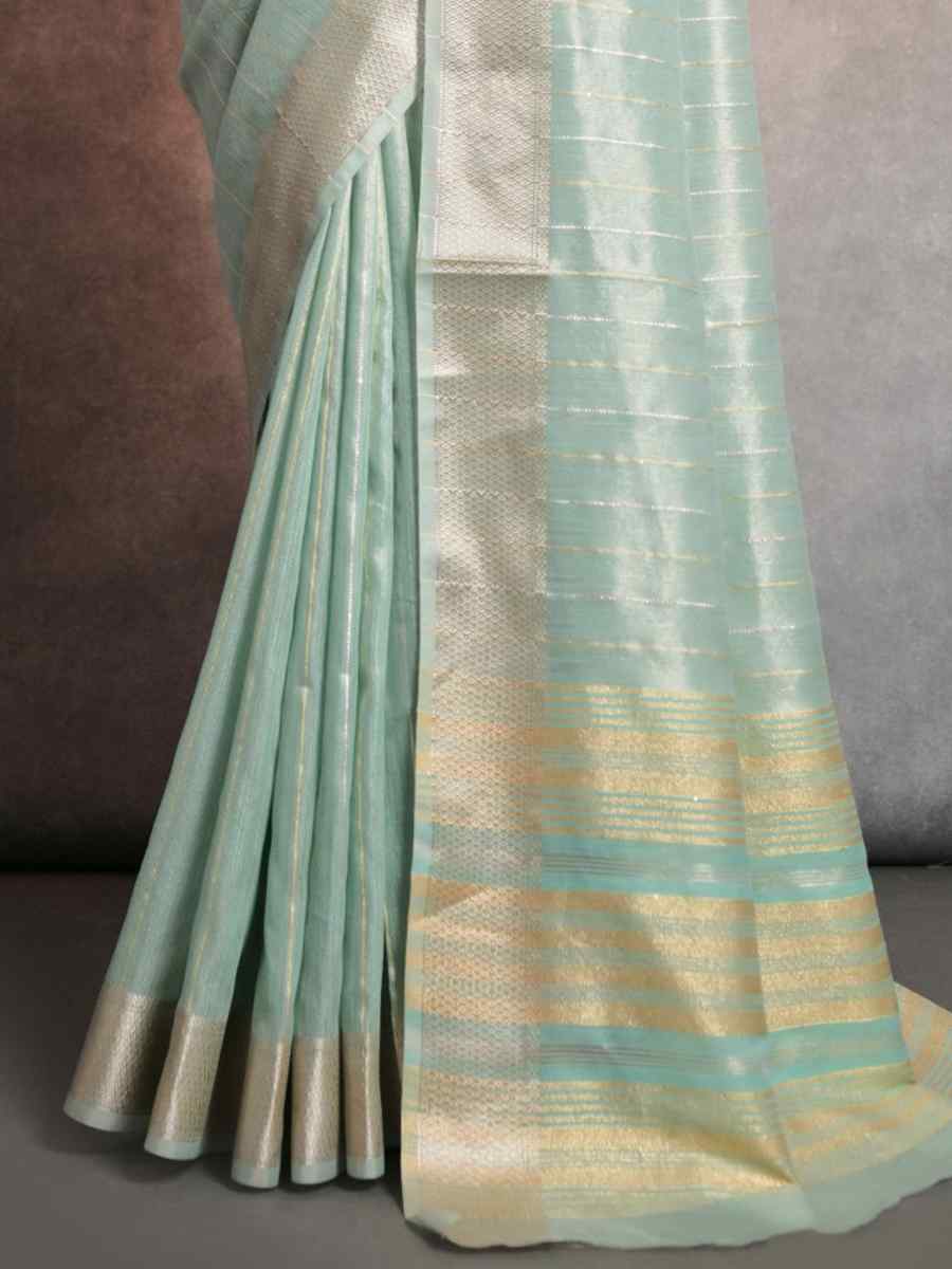 Sea Green Tissue Linen Handwoven Casual Festival Classic Style Saree