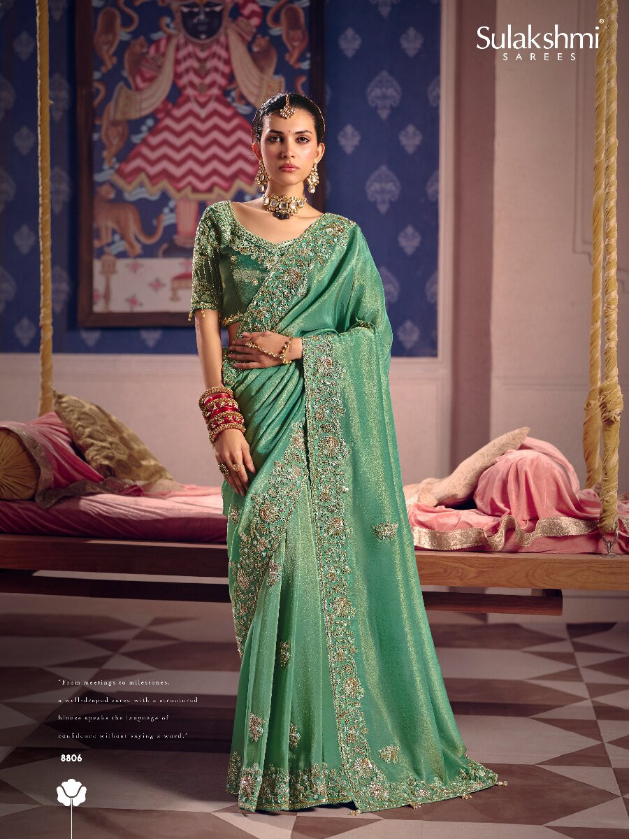 Sea Green Tissue Silk Embroidery Sequins Zari Wedding Party Festival Casual Heavy Border Sarees