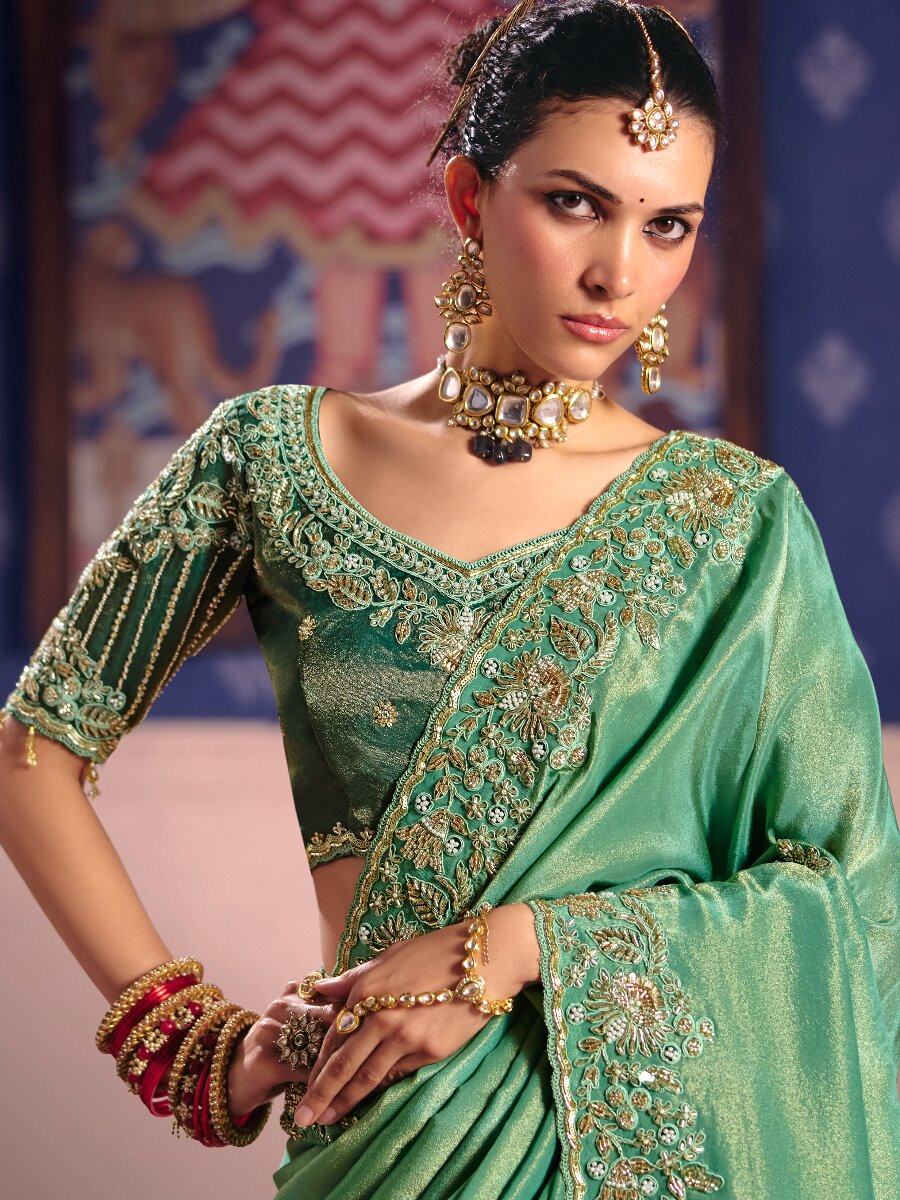 Sea Green Tissue Silk Embroidery Sequins Zari Wedding Party Festival Casual Heavy Border Sarees