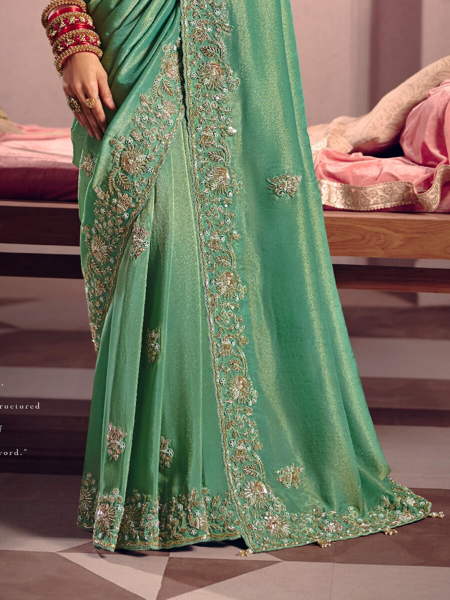 Sea Green Tissue Silk Embroidery Sequins Zari Wedding Party Festival Casual Heavy Border Sarees