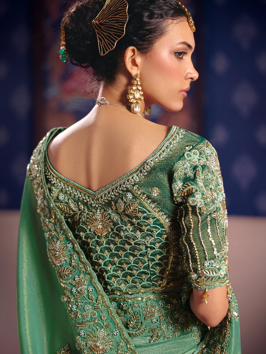 Sea Green Tissue Silk Embroidery Sequins Zari Wedding Party Festival Casual Heavy Border Sarees